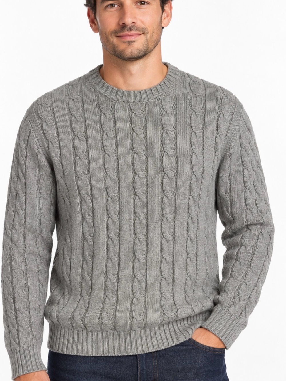 L.L. Bean Men's Gray Cable-Knit Crewneck Sweater Fisherman Cotton